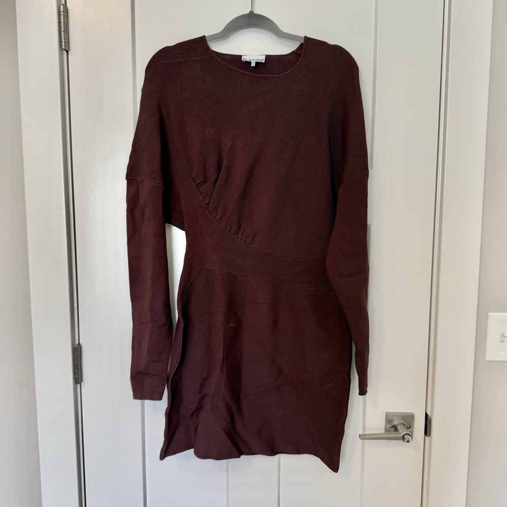 Ganni Ruched Ribbed-Knit Asymmetrical Mini Dress NWOT Size XL  $445 MSRP - Picture 7 of 7